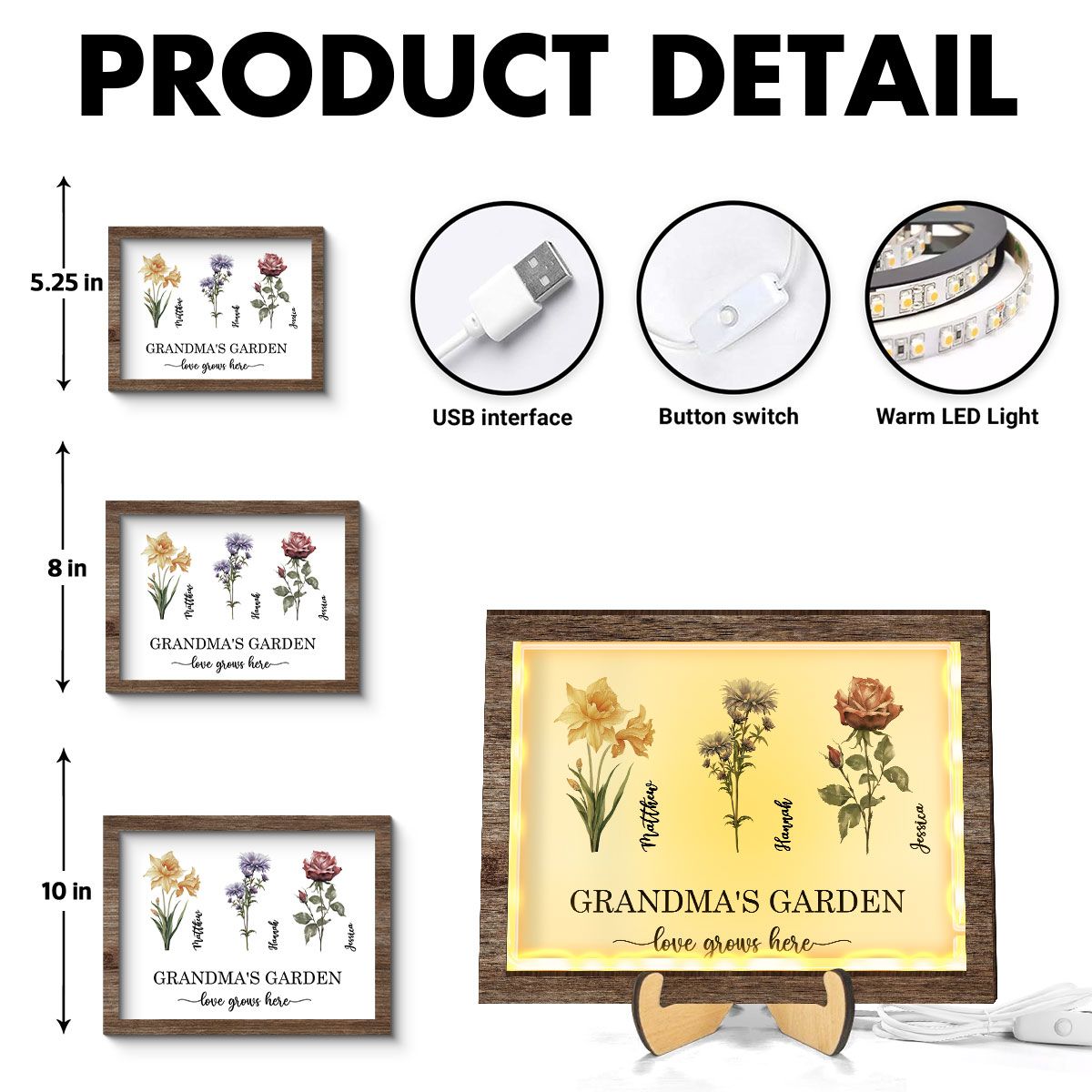Grandma's Garden Love Grows Here Birth Month Flower Personalized 2-Layered Wooden Frame with LED, Heartfelt Mother's day gift for Grandma, Mom