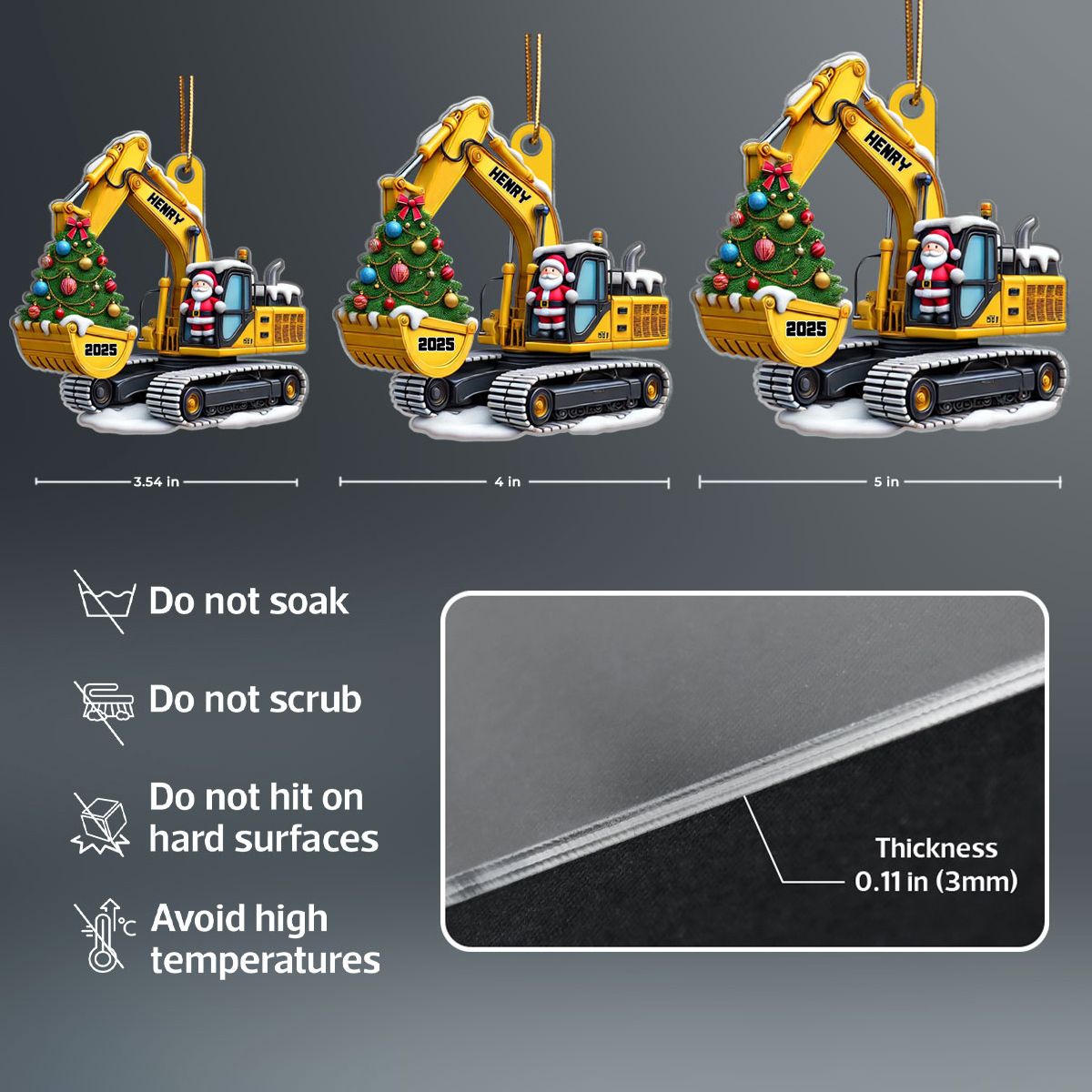 Personalized Xmas Excavator Construction Backhoe 3D Effect Ornament, Xmas Gift For Kids
