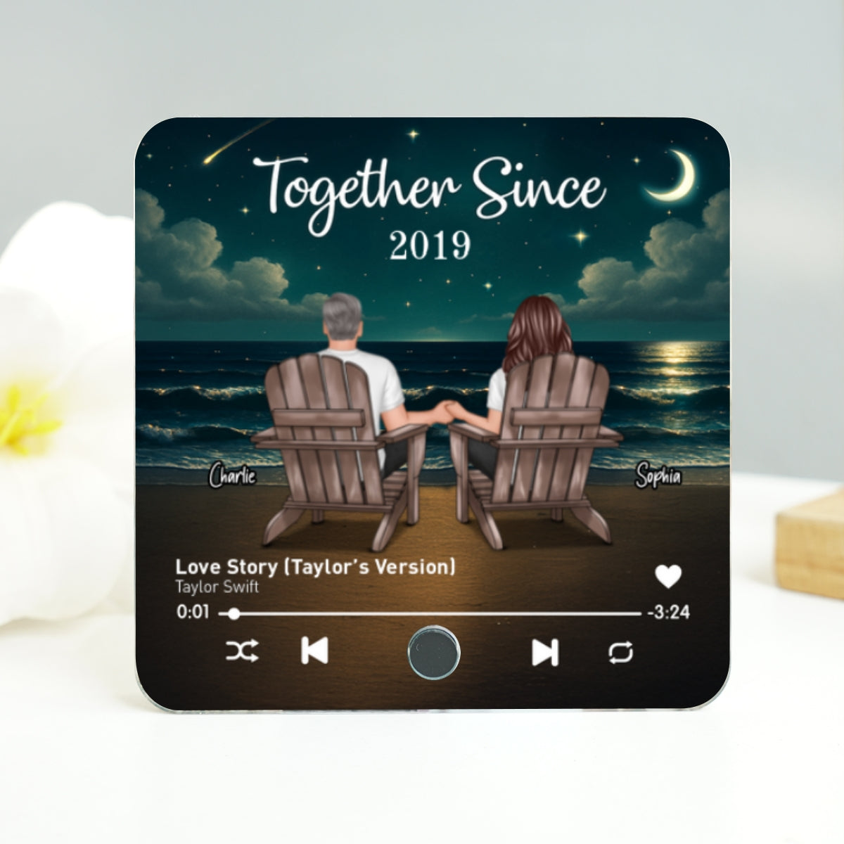 Night Beach Landscape Couple Sitting Back View Personalized Music Magnet