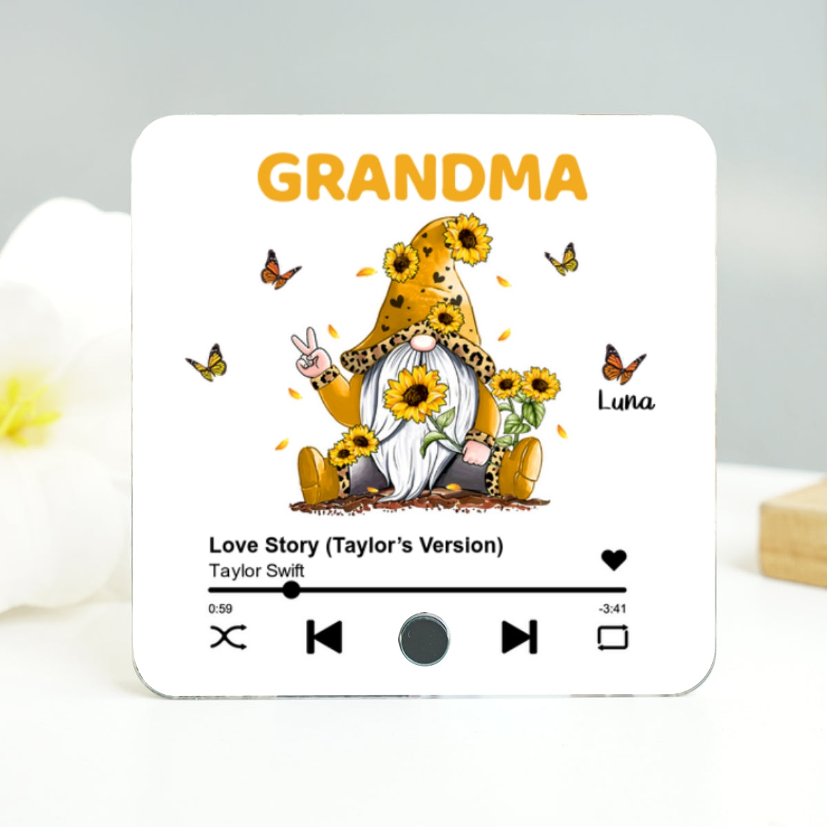 Sunflower Gnome Butterflies Grandma With Grandkids Personalized Music Fridge Magnet, Heartfelt Mother's Day Gift For Mom For Grandma