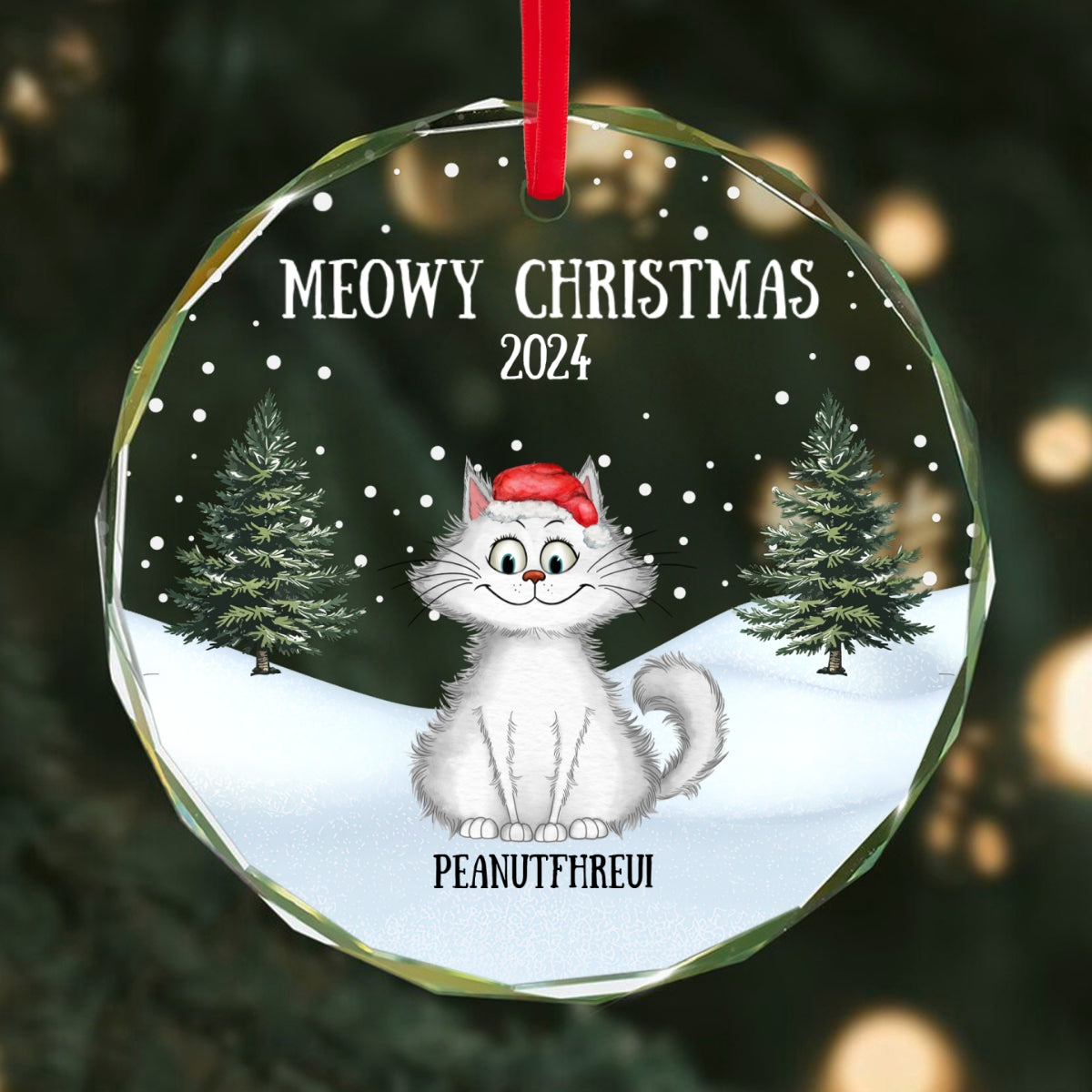Meowy Christmas Winter Realistic Theme Quirky Cats Personalized Glass Ornament