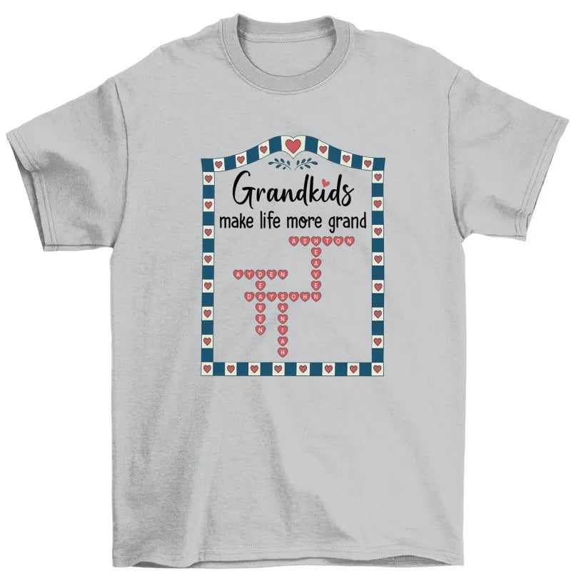 Old School Vintage Grandkids Names Crossword Puzzle Art - Personalized Shirt - Gift For Grandma