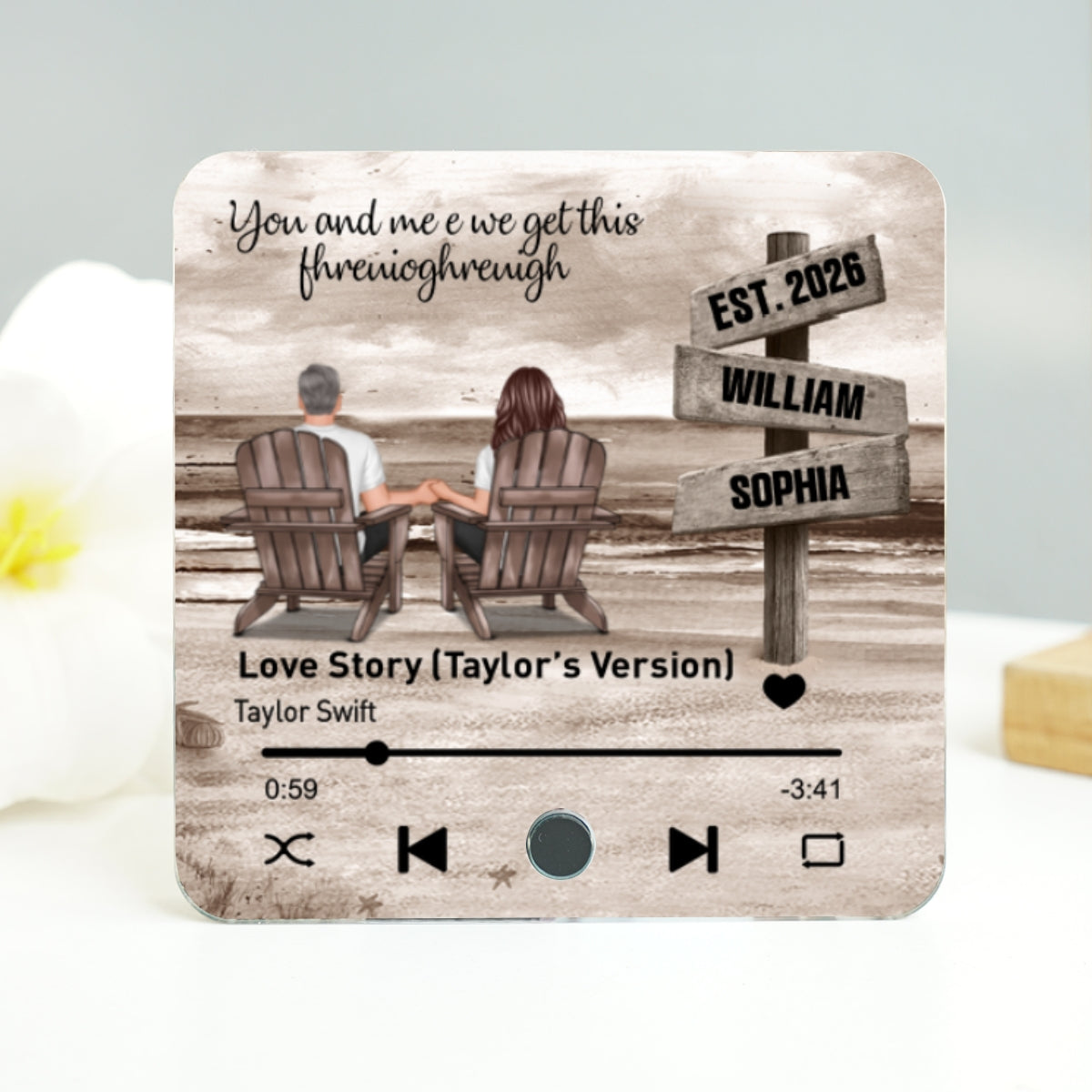 Eternal Love Beach Landscape Couple Sign Posts - Personalized Music Fridge Magnet - Heartwarming Christmas Gift For Couple, For Him, For Her