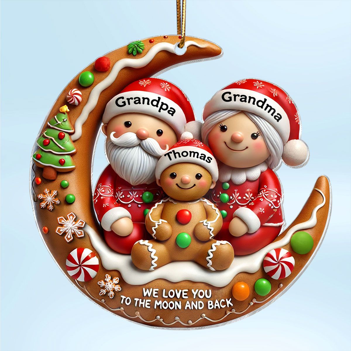 Gingerbread Grandma Grandpa Hugging Grandkid On Moon Christmas Personalized Acrylic Ornament, Gift For Granddaughter, Grandson