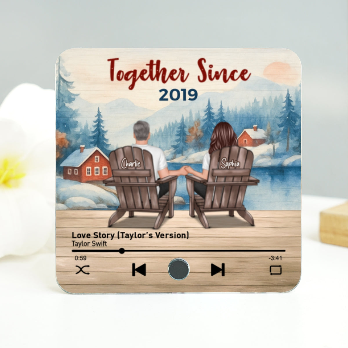 Peaceful Lakeside Forest Scene Couple Sitting Back View Personalized Music Magnet