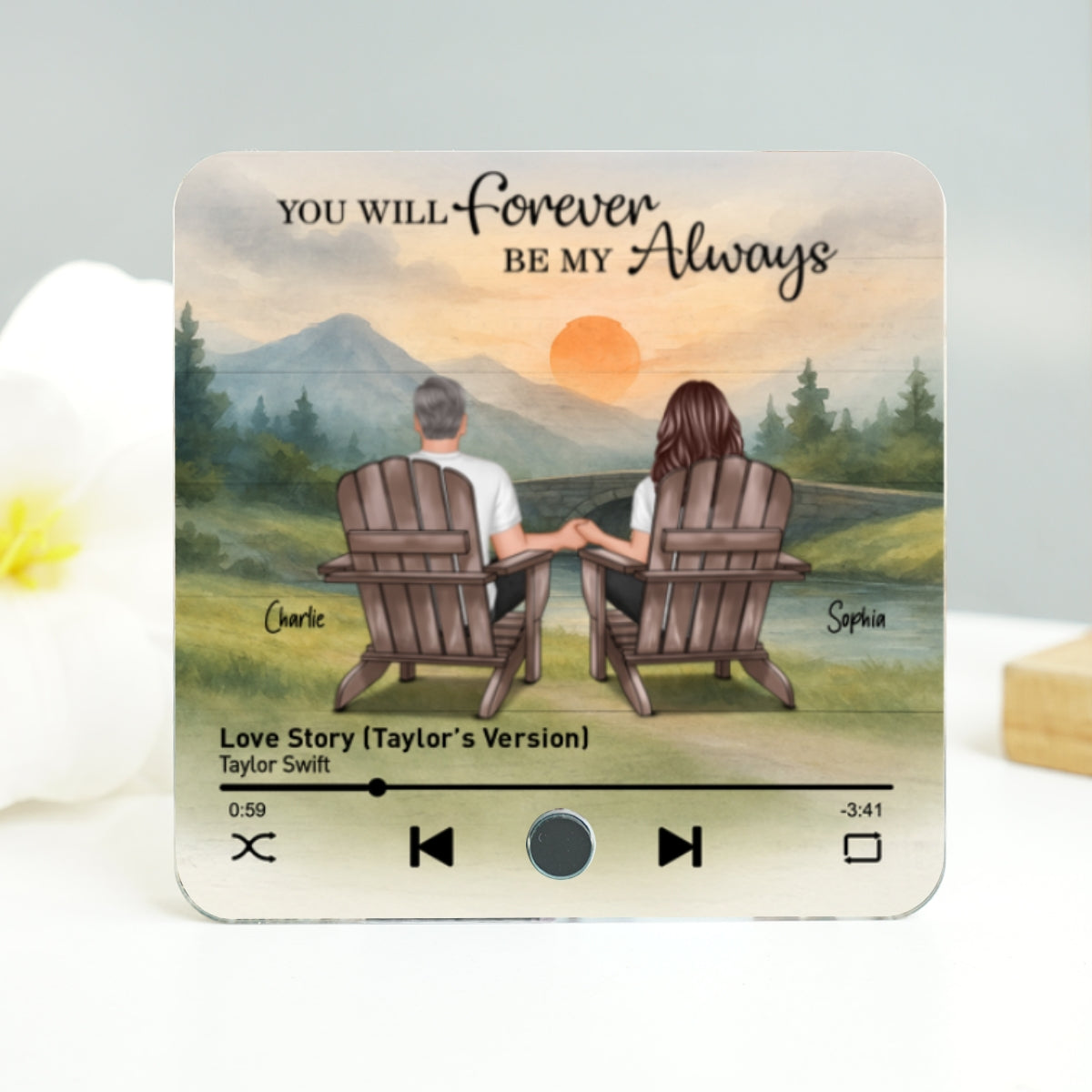 Mountain Landscape Couple Sitting Back View Personalzied Music Magnet, Anniversary gift for him for her
