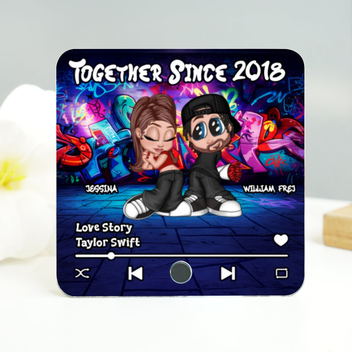 Y2K Couple Graffiti Background - Personalized Music Fridge Magnet - Valentine's Day Gift For Him, Gift For Her