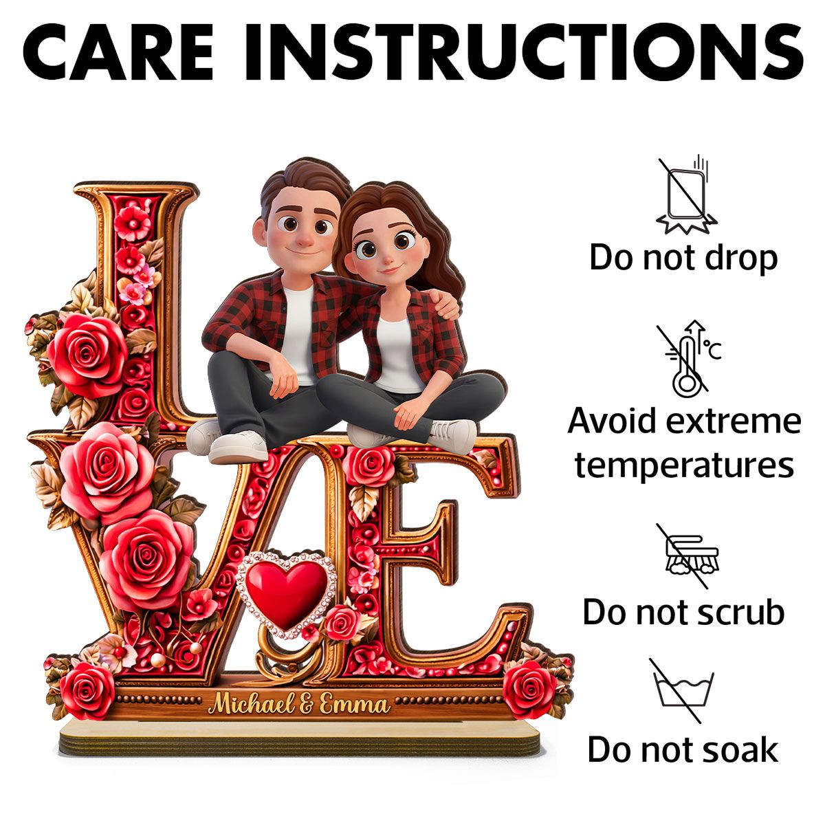 Couple Heart Rose Love - Personalized 2-Layered Wooden Plaque - Heartfelt Valentine's Day Gift for Her, for Him