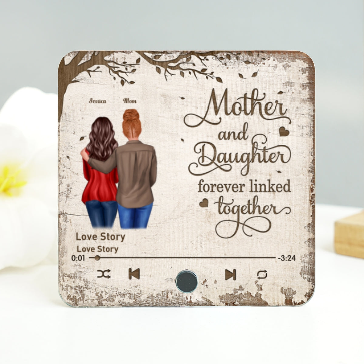 Mother & Daughter Son Under Tree Forever Linked Together Personalized Music Fridge Magnet, Heartfelt Gift For Mom