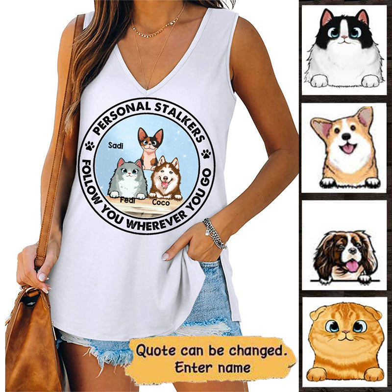 Personal Stalker Peeking Dog Cat Circle Personalized Women Tank Top V Neck Casual Flowy Sleeveless