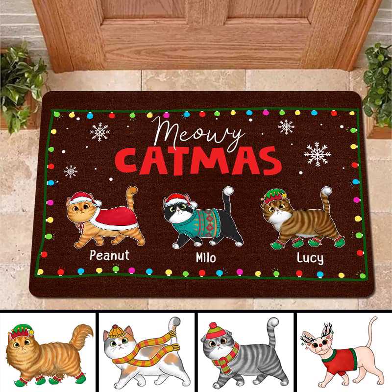 Fluffy Cats Walking Meowy Catmas Light String Personalized Doormat