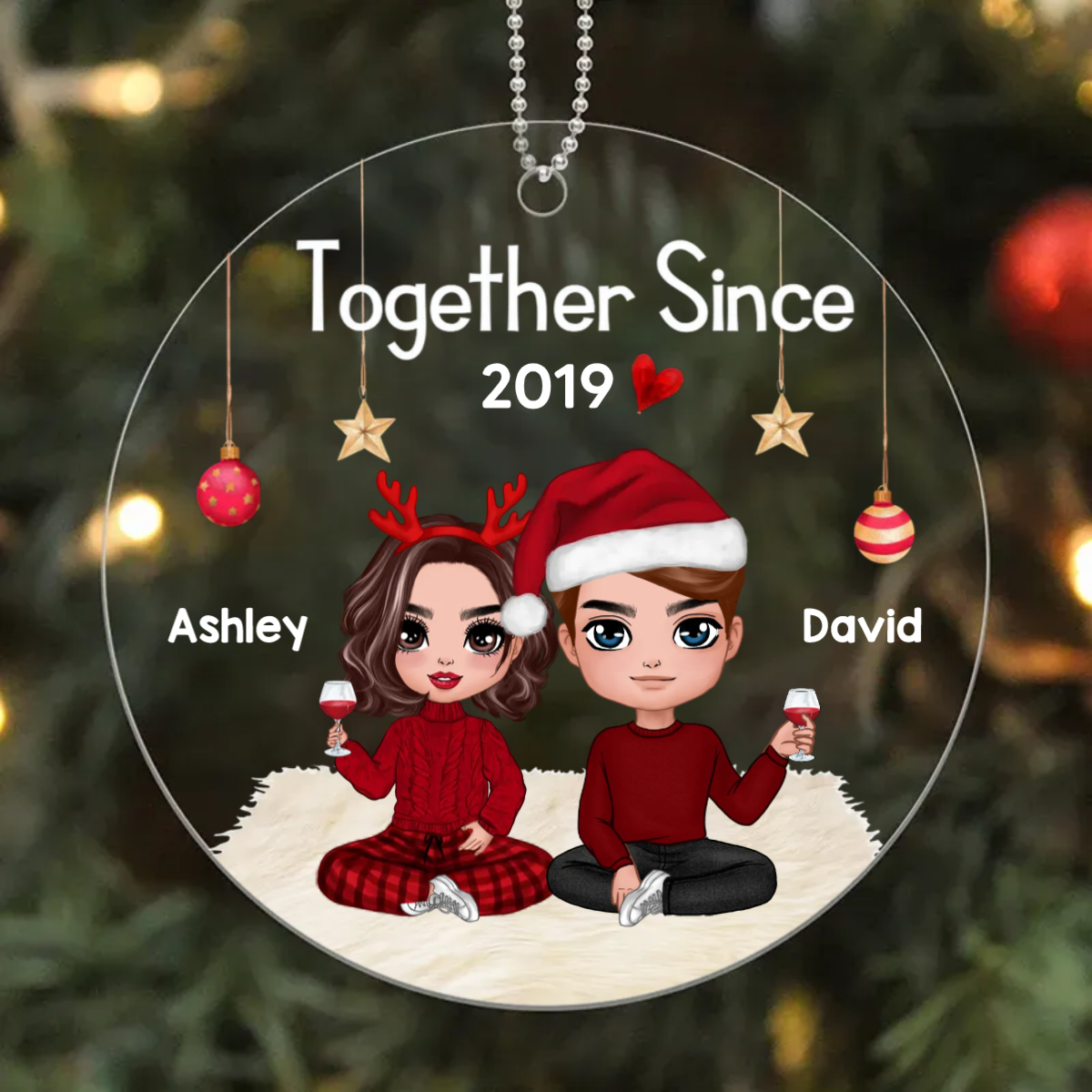 Christmas Doll Couple Sitting Hugging Personalized Acrylic Ornament Designed By Smiling Attack