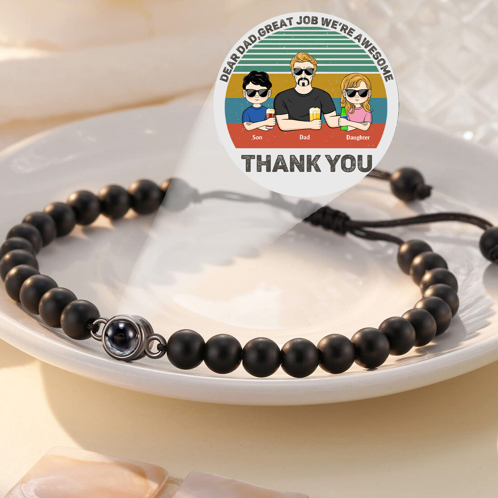 Dear Dad Grandpa Great Job We're Awesome Thank You Young - Black Natural Stone Projection Bracelet