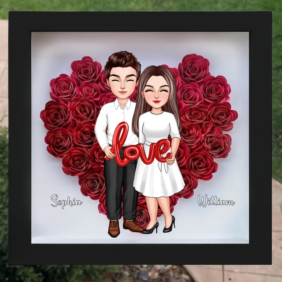 Couple Holding Love Balloon Personalized Heart Rose Shadow Box