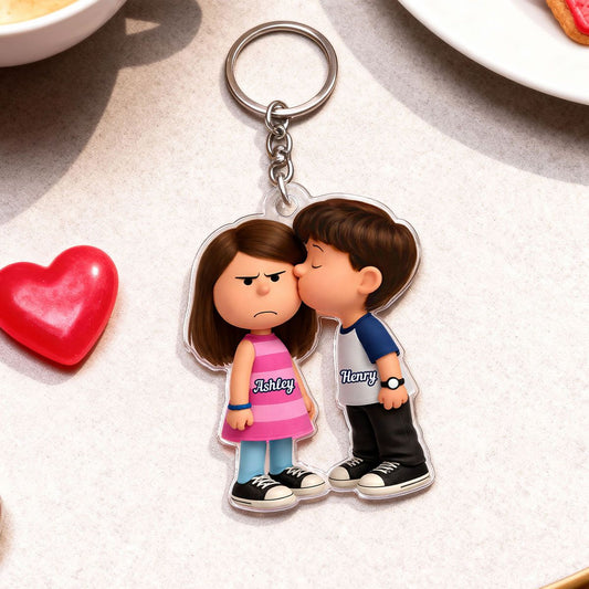 Cute Cartoon Couple - Personalized Keychain - Gift for Couple