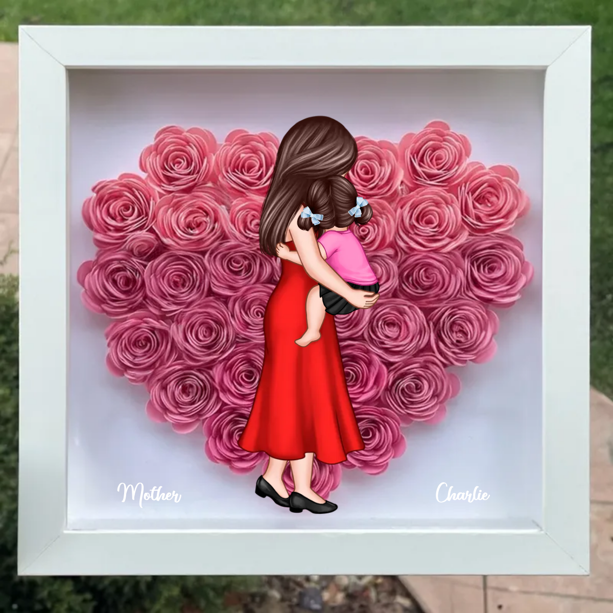 Mother Holding Kid Personalized Heart Rose Shadow Box