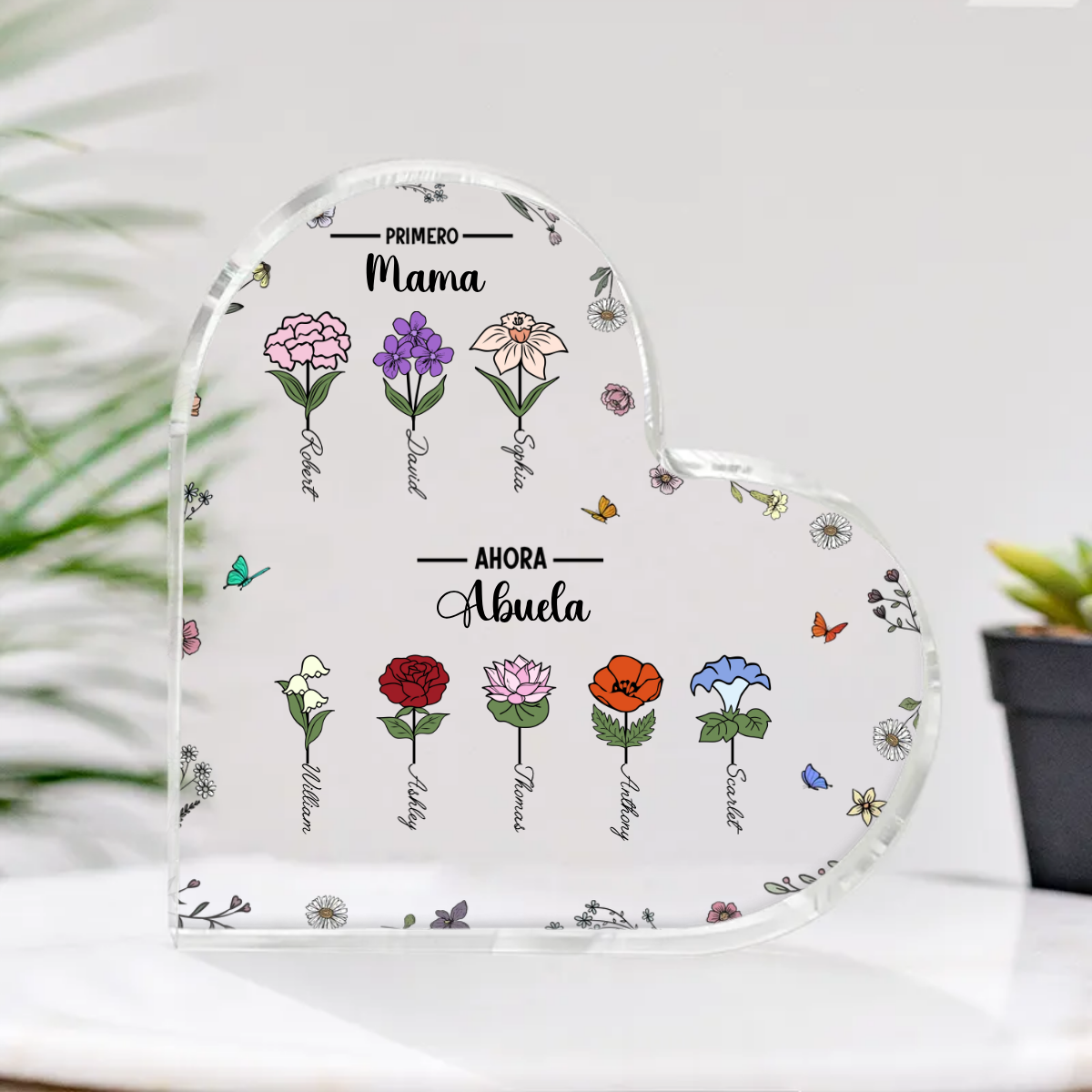Primera Mamá Ahora Abuela Mes de Nacimiento Flor Placa Corazón Acrílico Personalizada