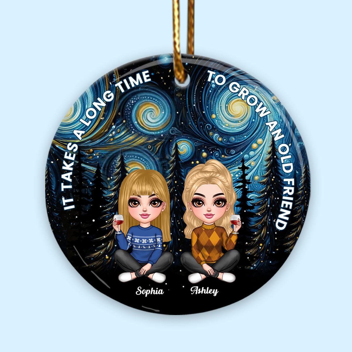 Starry Night Besties Sisters Sitting Personalized Circle Ceramic Ornament, Christmas Gift