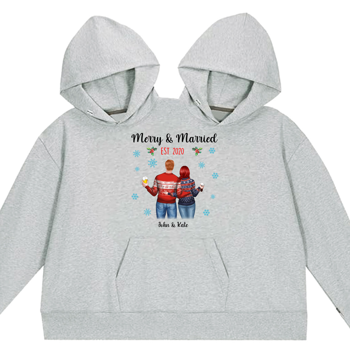 Merry And Married Couple Standing Christmas Personalized Couple One-Piece Hoodie Sweatshirt