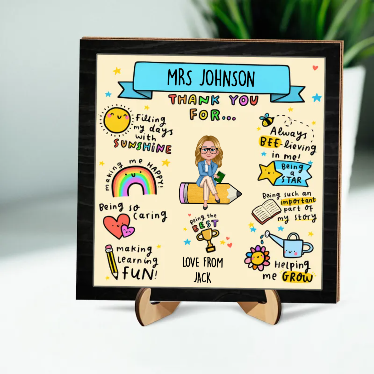 Doll Teacher Sitting On Pencil Personalized Frame, Back To School Gift For Teacher, Office Decor