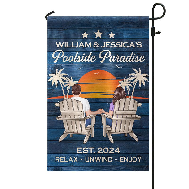 Swimming Pool Zone Decor Couple Sitting Personalized Flag, Housewarming, Birthday, Anniversary Gift for Him, Her
