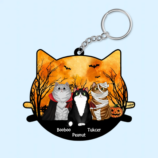 Halloween Cat Face Shaped Personalized Acrylic Keychain, Halloween Decor For Cat Lovers