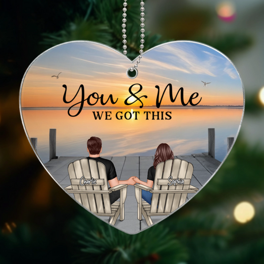 Eternal Love Couple Sitting On The Lake Dock Personalized Acrylic Heart Ornament, Heartfelt 2025 Gift For Couple, For Him, For Her, Boyfriend, Girlfriend, Husband, Wife