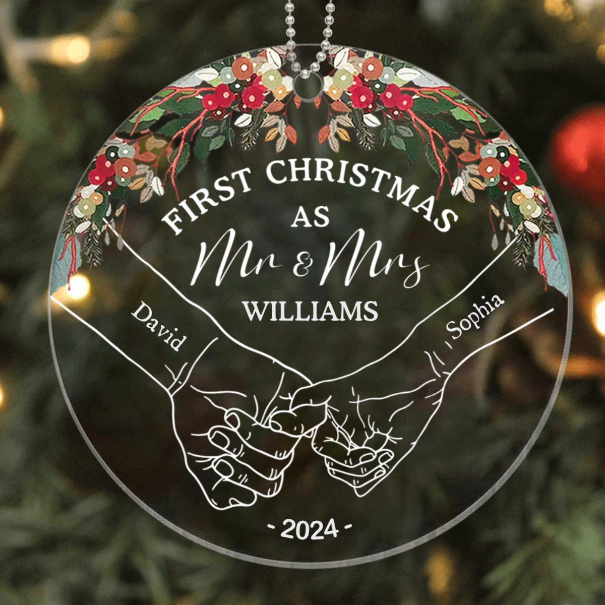 Holding Hands First Christmas Couple - Personalized Circle Acrylic Ornament