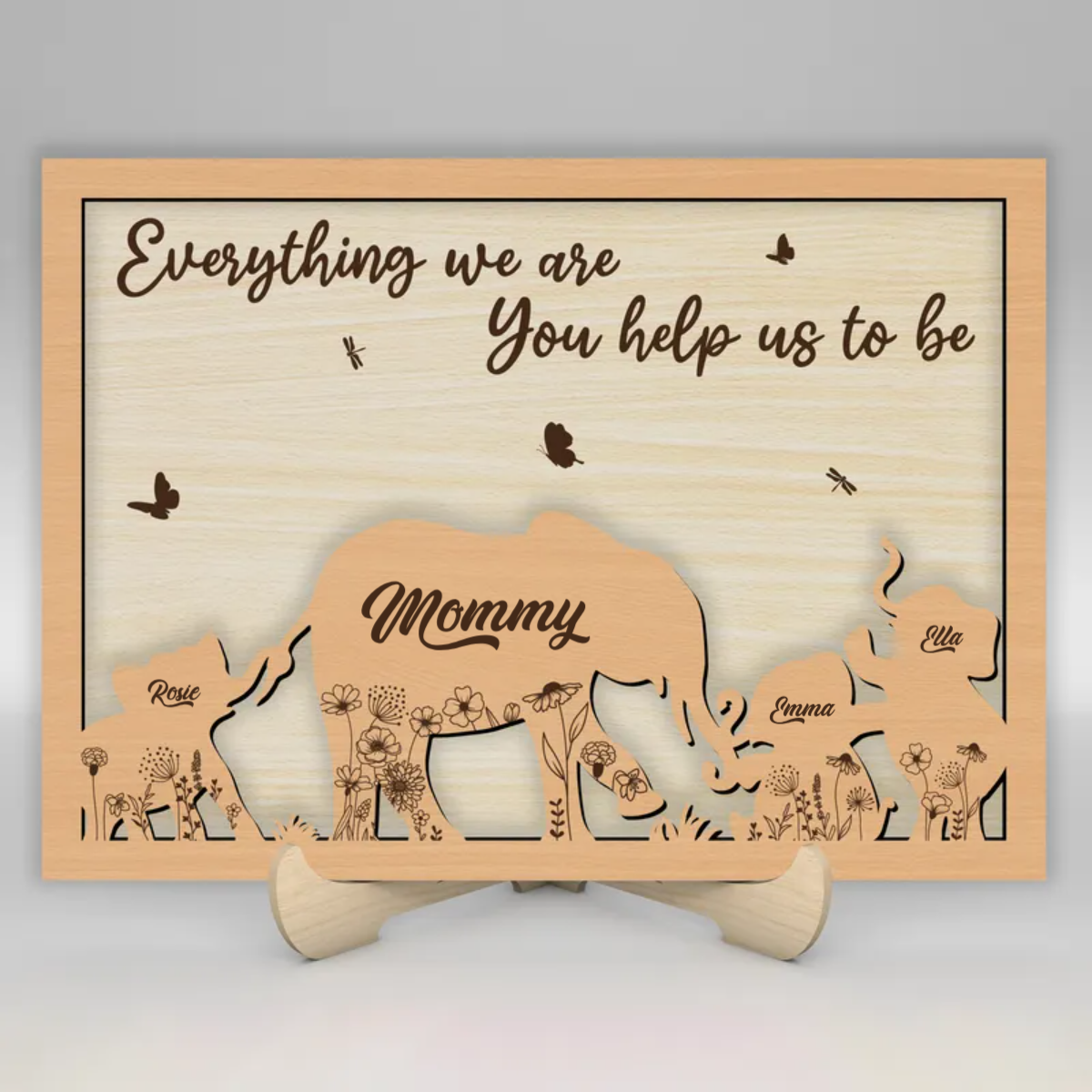 Elephant Mom and Babies Personalized 2-Layered Wooden Plaque