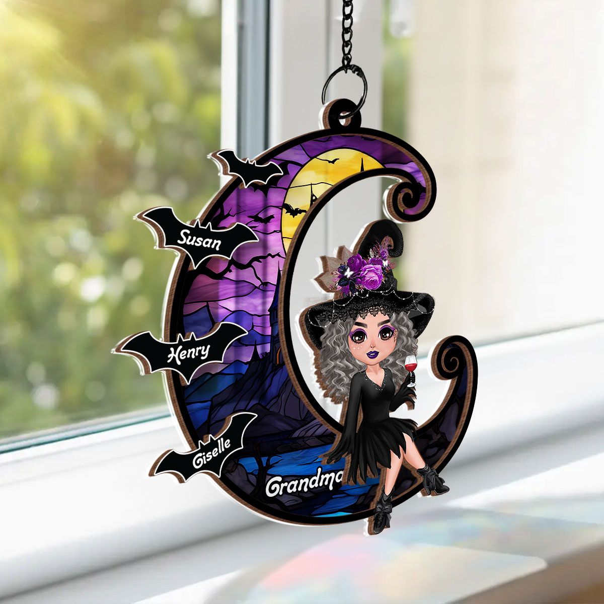 Grandma Mom Witch On Moon Personalized Suncatcher, Halloween Decor