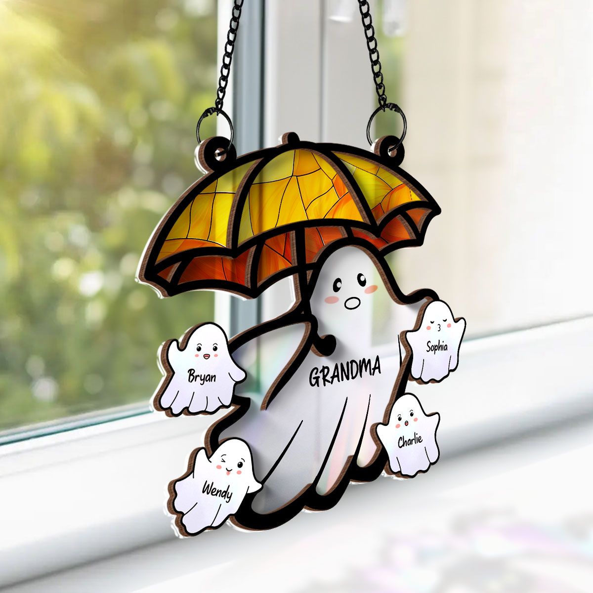 Grandma Funny Ghost with Umbrella Personalized Suncatcher, Halloween Stained Glass Decor