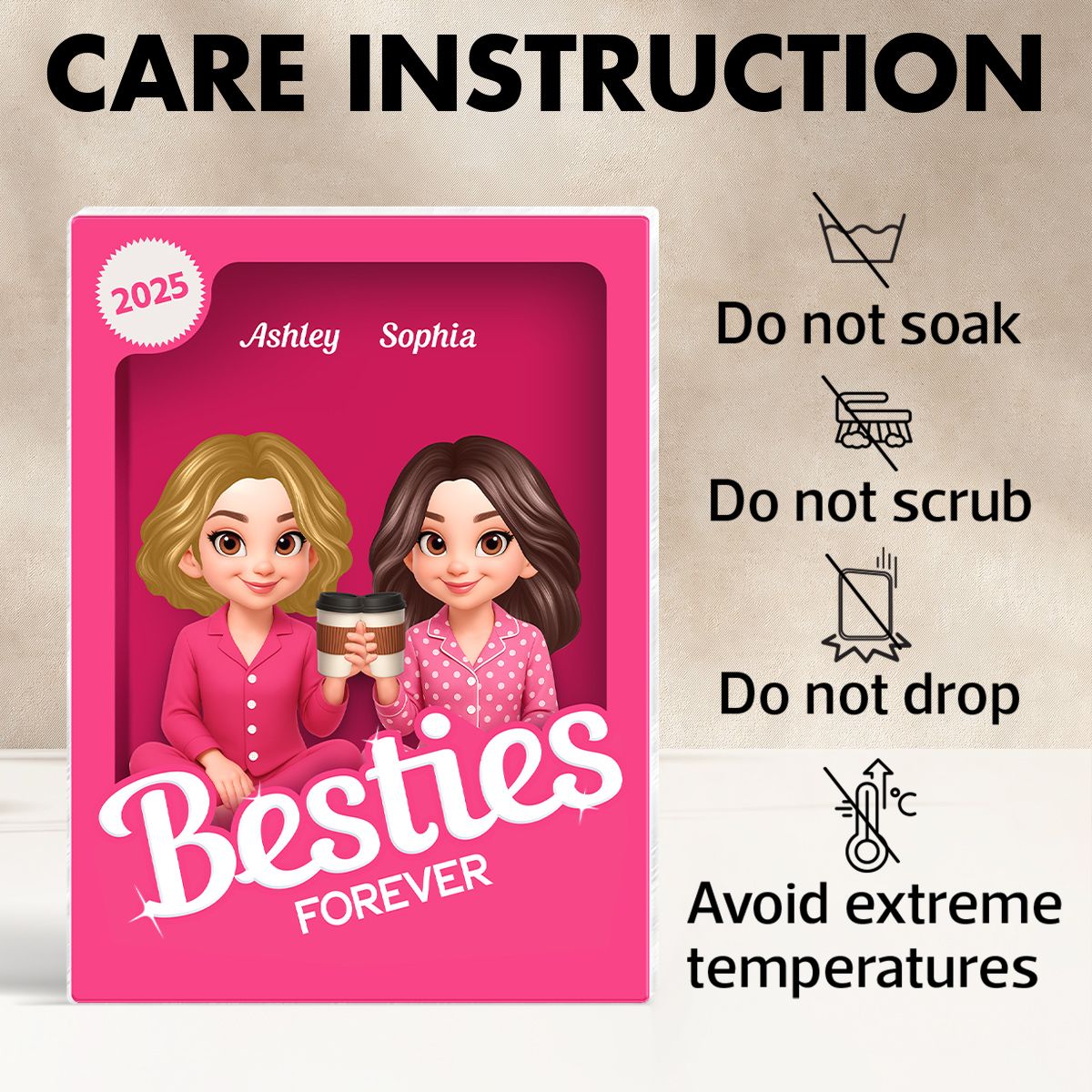 Pink Pajamas Besties 3D Effect Action Figure Personalized Acrylic Block