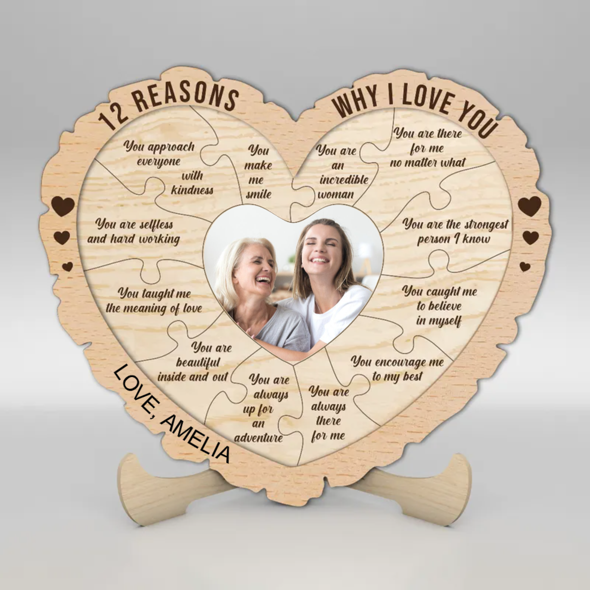 12 Reasons Why I Love You Mom Heart Personalized 2-Layered Wooden Plaque