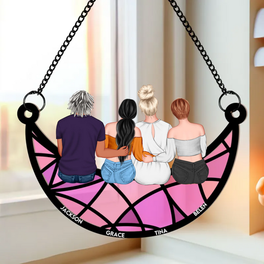 Mom, Children Sitting On The Moon - Personalized Window Hanging Suncatcher Ornament