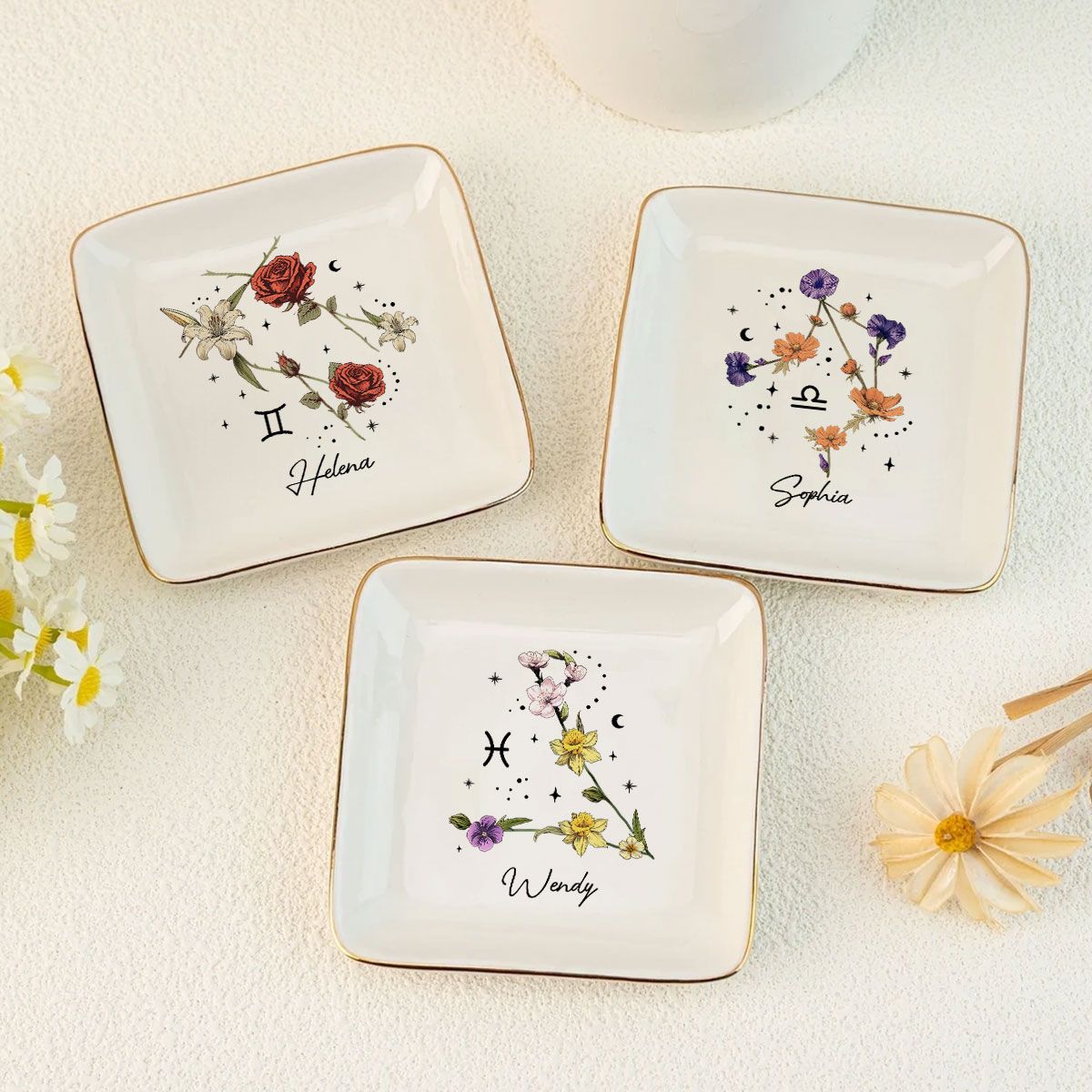 Zodiac Sign Birth Month Flower Personalized Jewelry Dish, Gifts For Friends, Daughter, Birthday Gifts