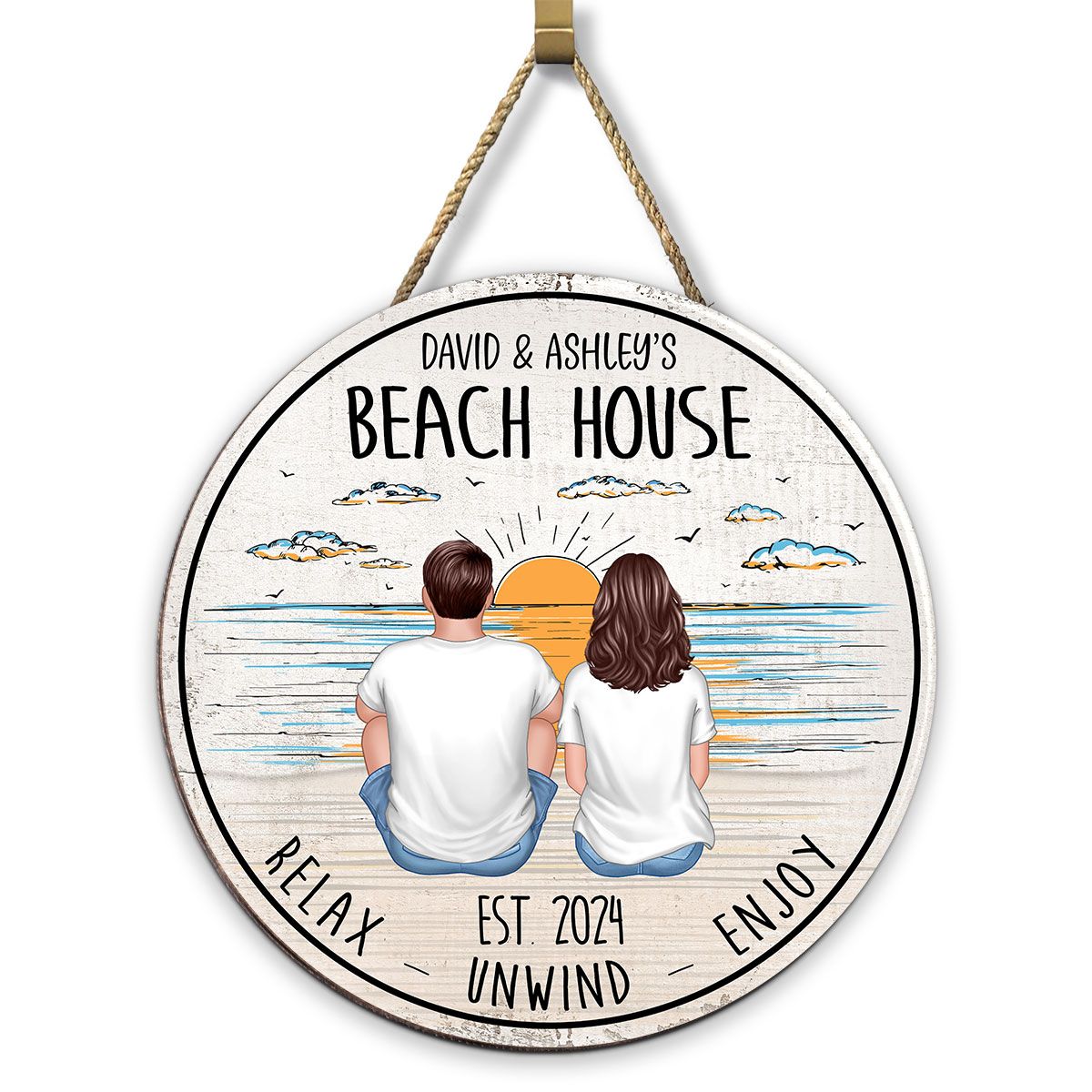 Couple Back View Beach Outline Background Personalized Wood Sign