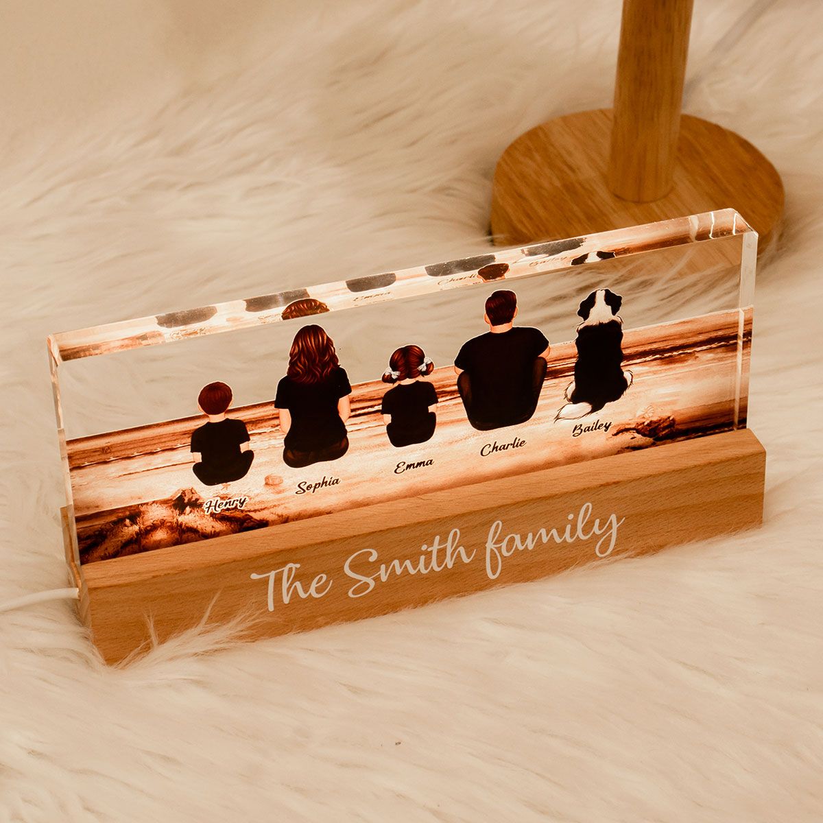 Family Sitting Back View Retro Vintage Beach Landscape Acrylic LED Night Light, Gift For Mom, Gift For Dad