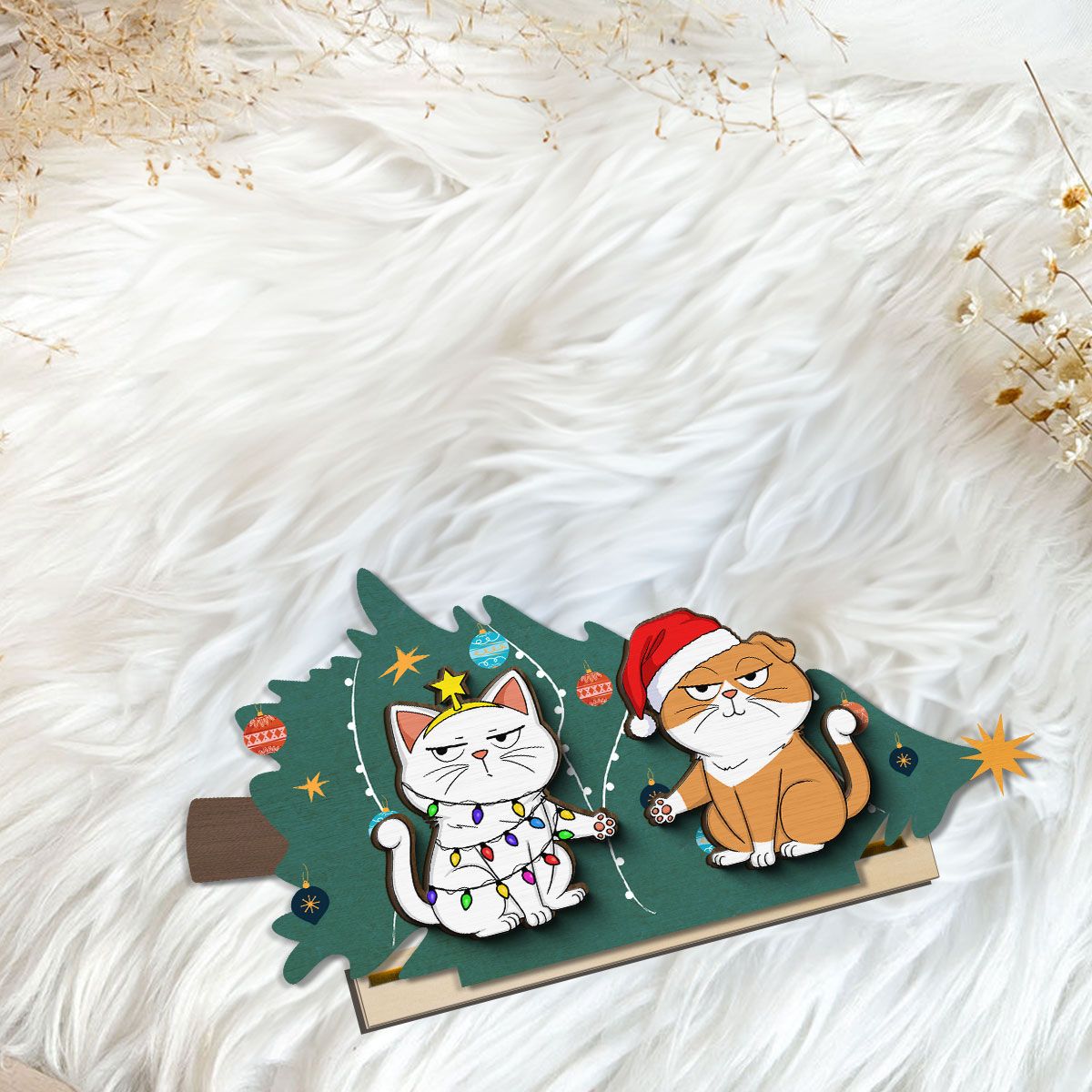 Naughty Cats Fallen Christmas Tree Personalized 2-Layer Standing Wooden Plaque