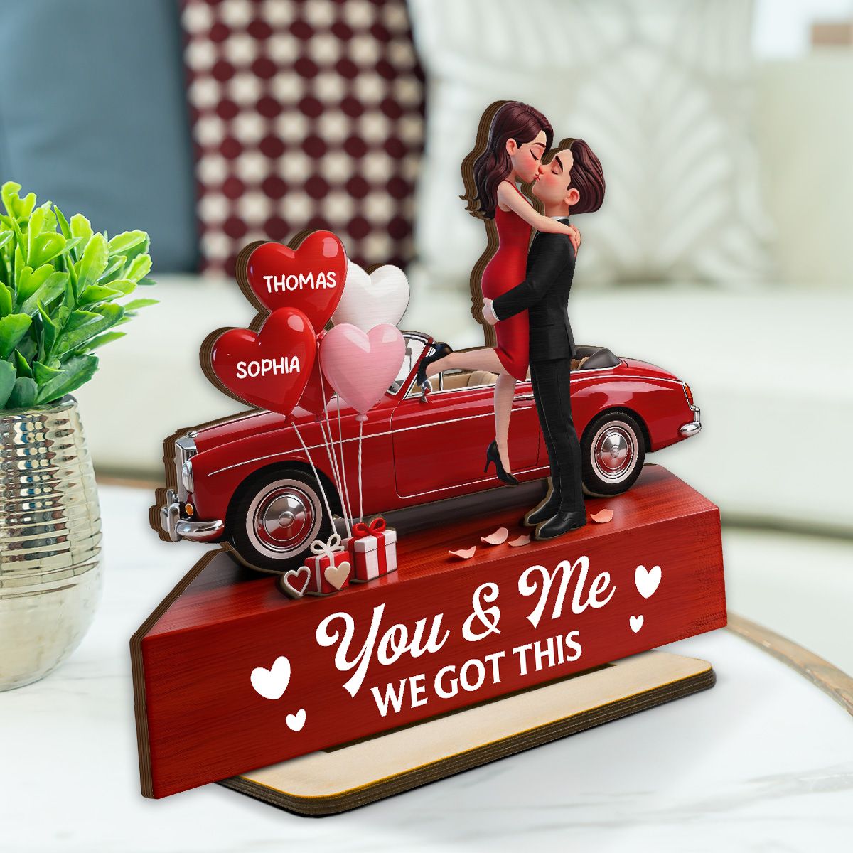 Valentine Car Romantic Couple Hugging Kissing - Personalized 2-Layered Wooden Plaque - Valentine's Day Gift For Couple