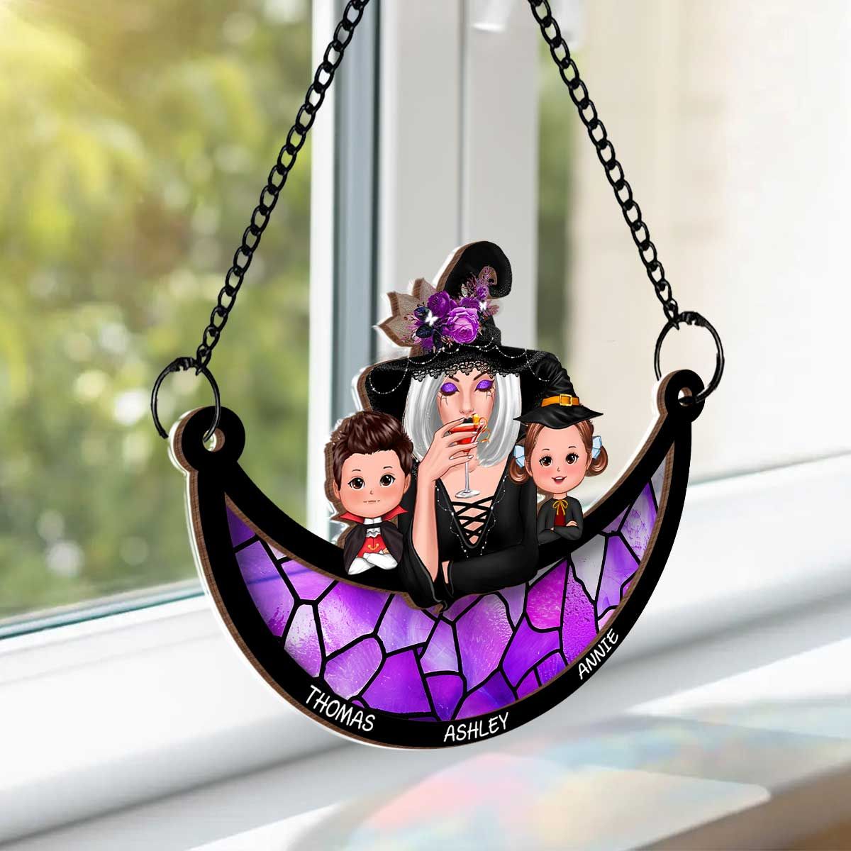 Grandma Grandkids Halloween Moon Personalized Suncatcher