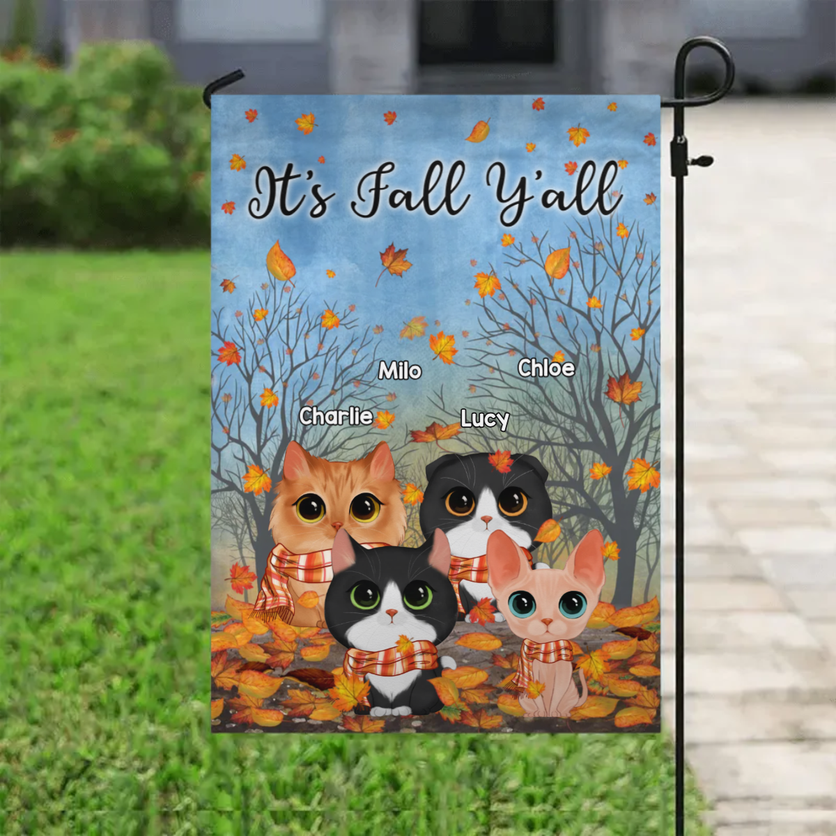 Watercolor Cute Cats In Fall Season Personalized Garden Flag