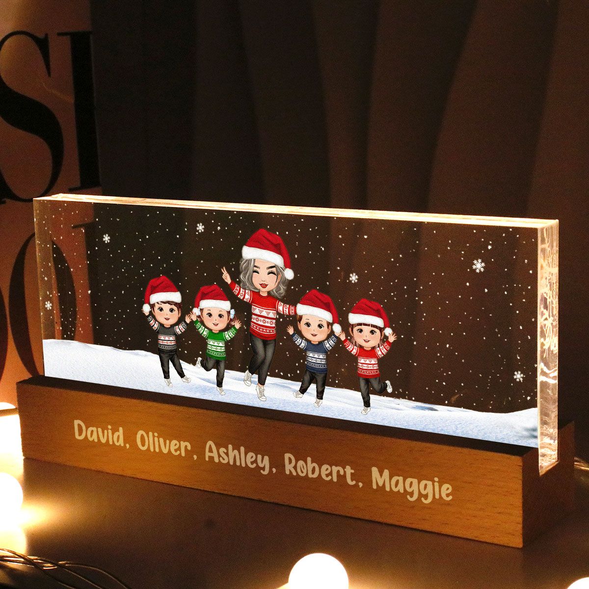 Happy Christmas Grandma Grandkids Personalized Acrylic Block LED Night Light, Gift For Grandma Granddaughter Grandson