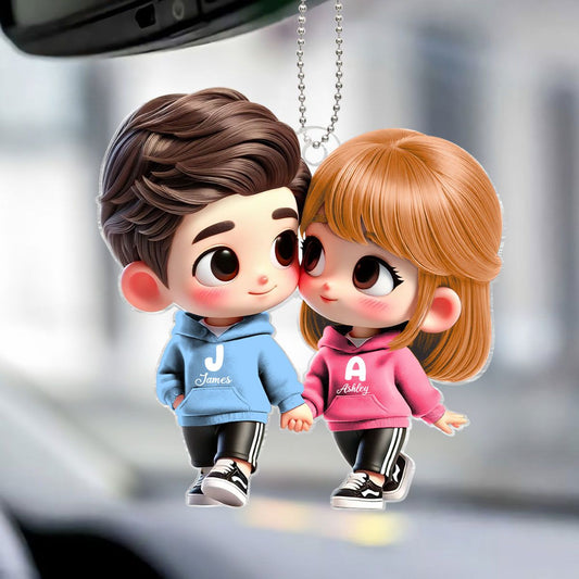 Cute Cartoon Couple Holding Hands Personalized Acrylic Car Hanger, Anniversary & Valentine's Day Gift for him, Gift for her