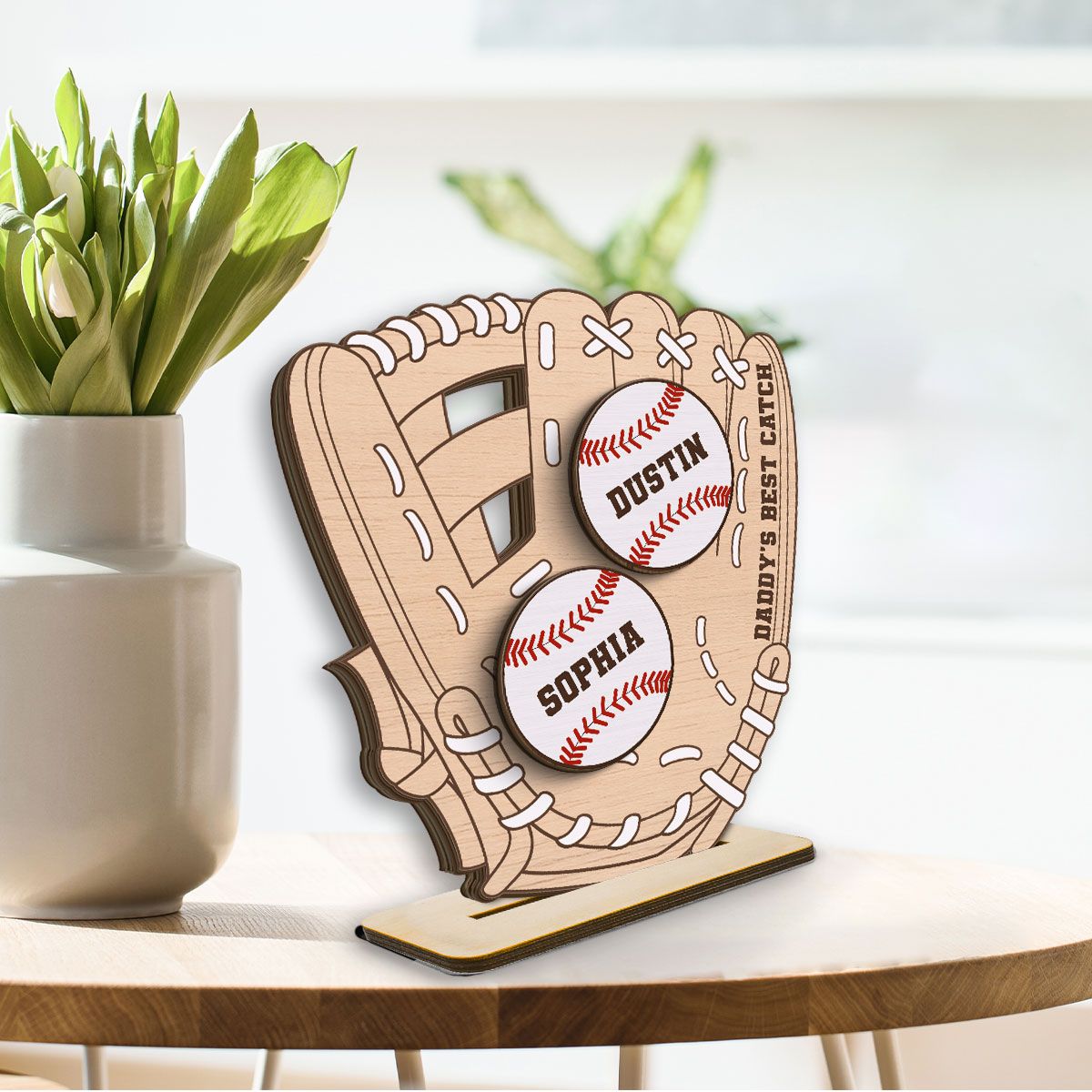 Daddy‘s Best Catch Kids Names In Baseball Glove Personalized 2-Layer Standing Wooden Plaque