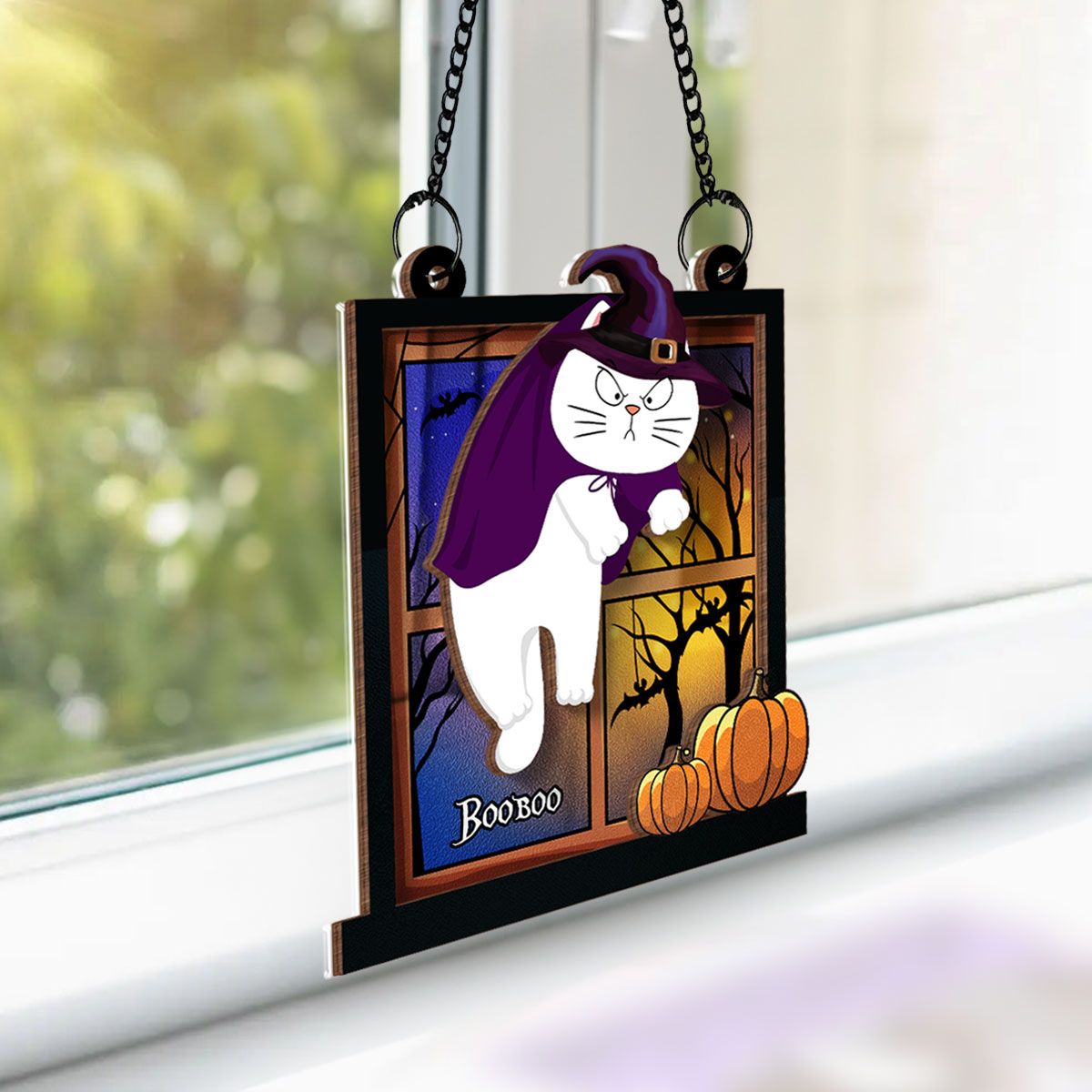 Halloween Cats Hanging On Window Personalized Suncatcher, Halloween Decor