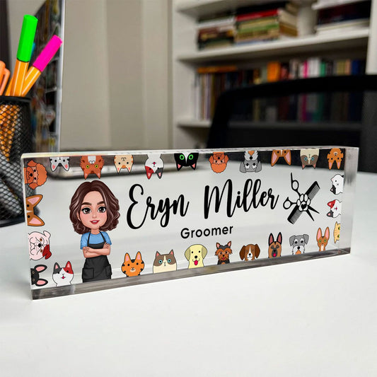 Dog Cat Groomer Personalized Acrylic Desk Name Plate, Office Decor