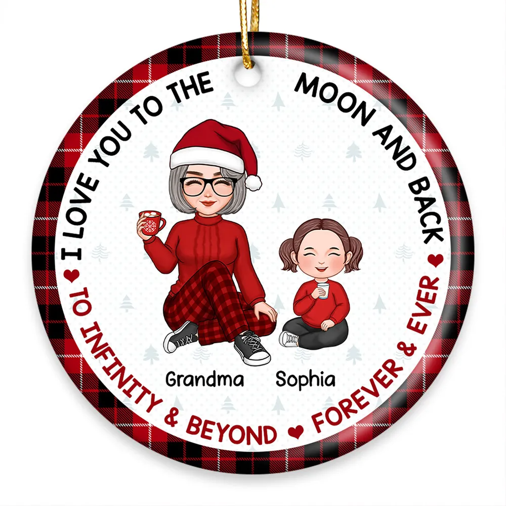 Love To The Moon Plaid Cute Grandma & Grandkid Sitting Personalized Circle Ornament