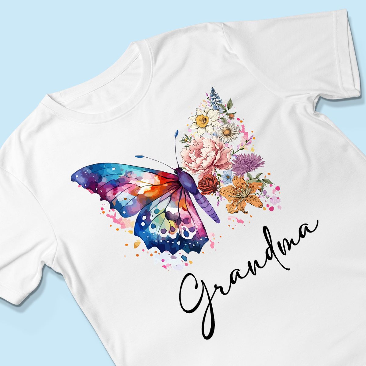 Grandma Mom Half Butterflies Birth Month Flowers Personalized Shirt