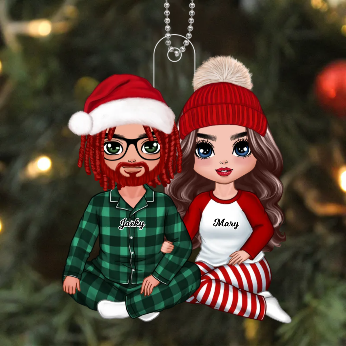 Christmas Doll Couple Sitting Hugging Personalized Acrylic Ornament