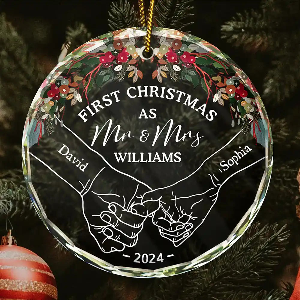 Holding Hands First Christmas Couple - Personalized Circle Glass Ornament